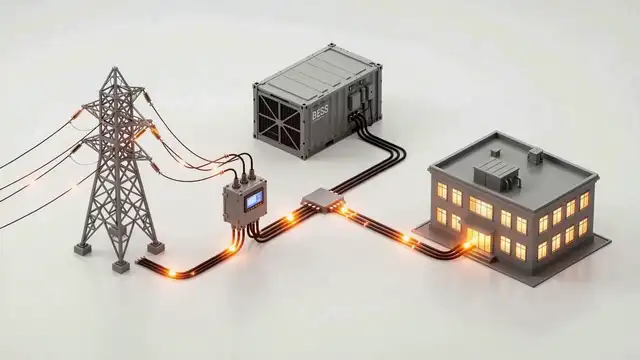 Animação do fluxo de energia: a rede abastece o prédio, falta energia e o container BESS assume o fornecimento