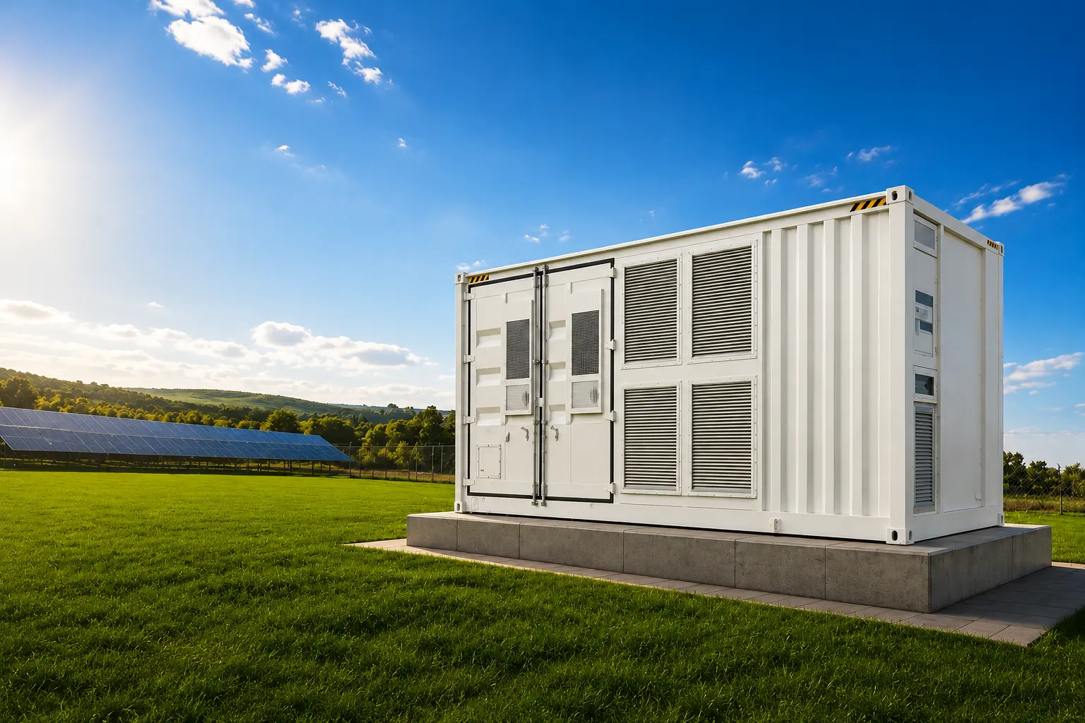 Container de armazenamento de energia BESS instalado sobre base de concreto, com painéis solares ao fundo