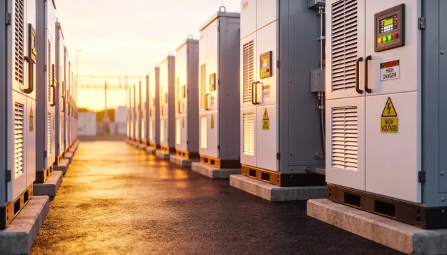 Fileira de containers de armazenamento de energia ao pôr do sol