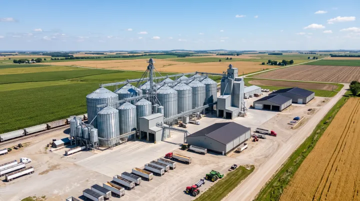Vista aérea de silos e armazéns em uma propriedade agrícola