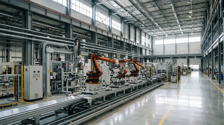 Linha de produção industrial com braços robóticos