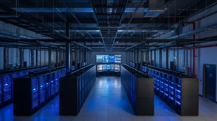 Corredor de data center com racks de servidores iluminados
