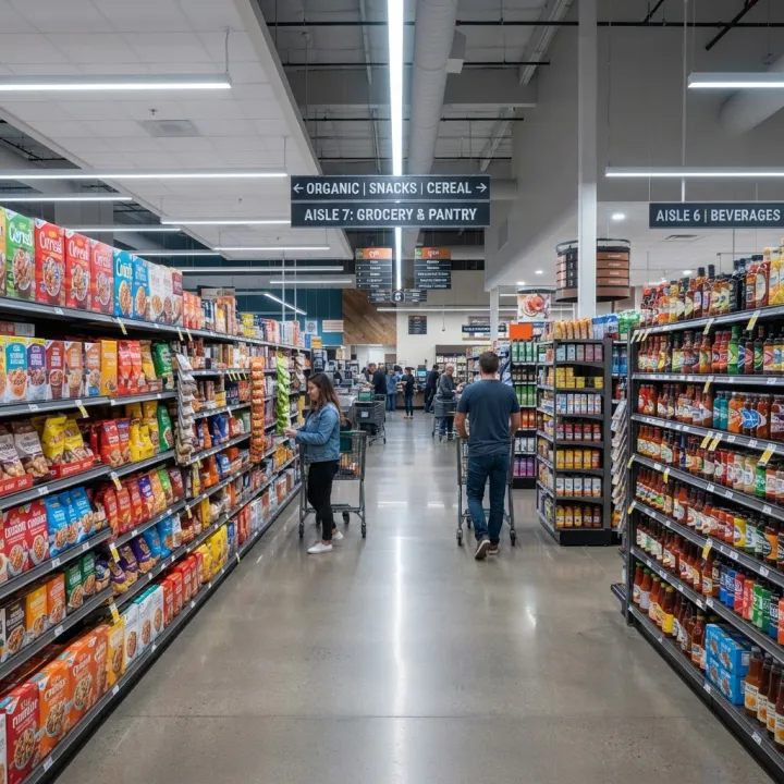 Corredor de supermercado com prateleiras abastecidas