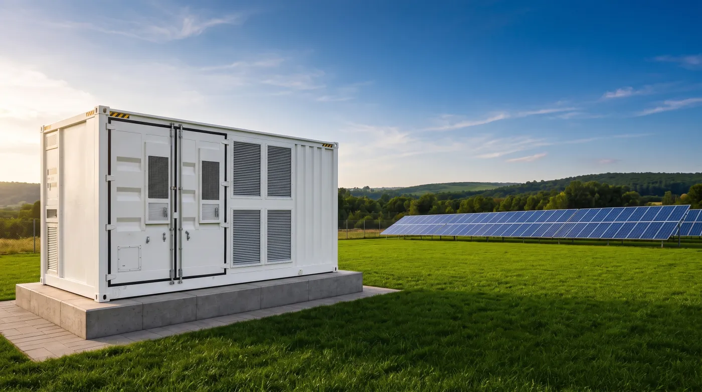 Container BESS instalado em gramado, com painéis solares ao fundo