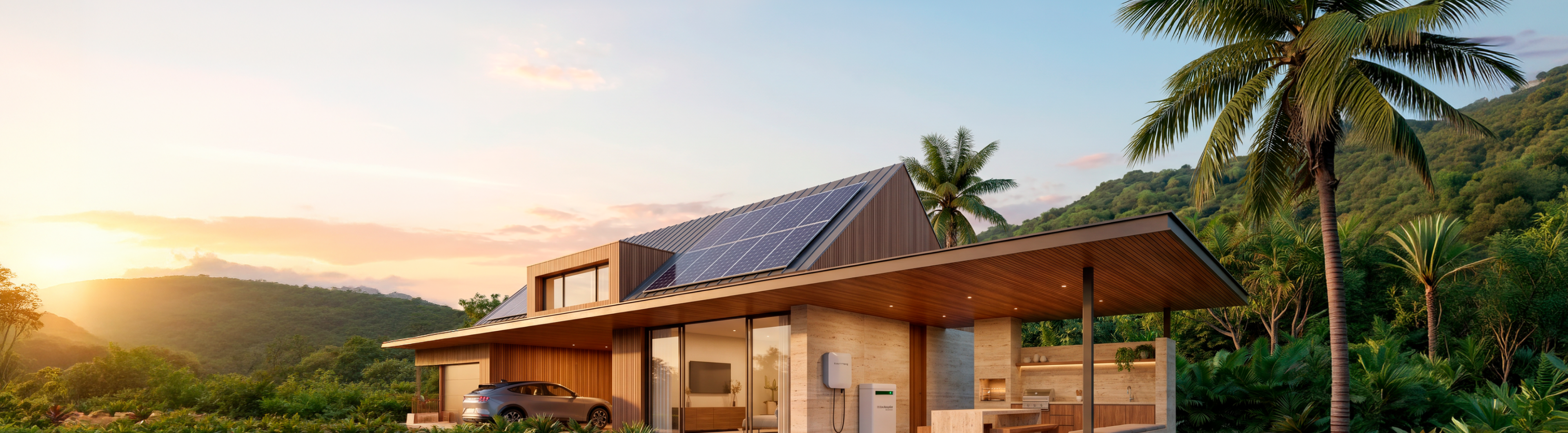 Casa moderna com painéis solares e equipamentos Descarbonize instalados na parede, incluindo inversor e carregador veicular