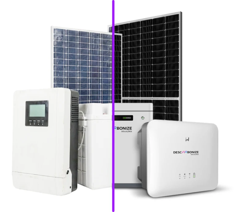 Comparação lado a lado entre uma placa solar comum desgastada e um kit de equipamentos premium Descarbonize