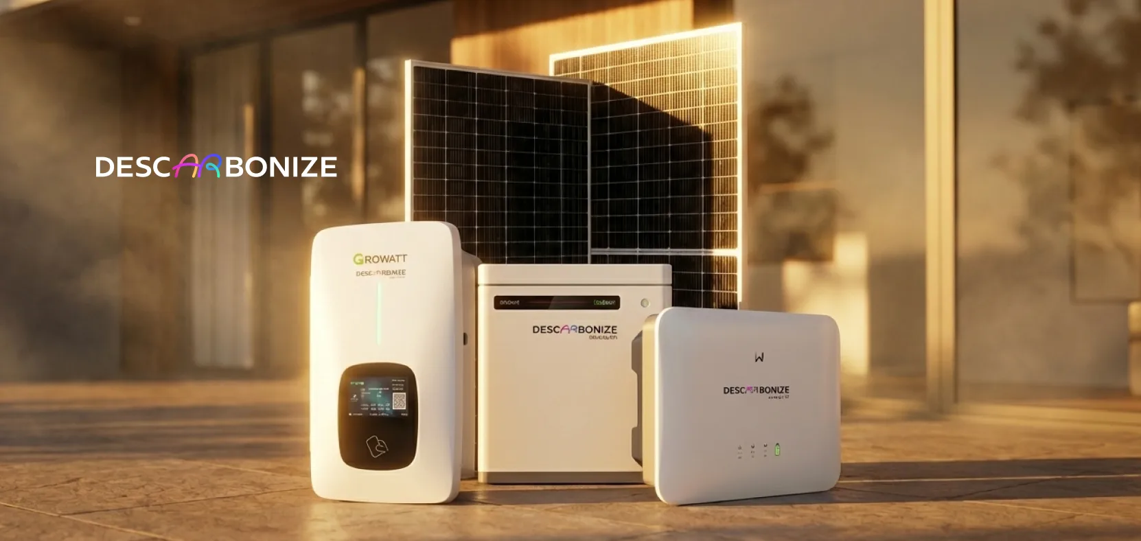 Kit de equipamentos solares Descarbonize — inversor Growatt, painéis, bateria e inversor — em ambiente residencial ao entardecer