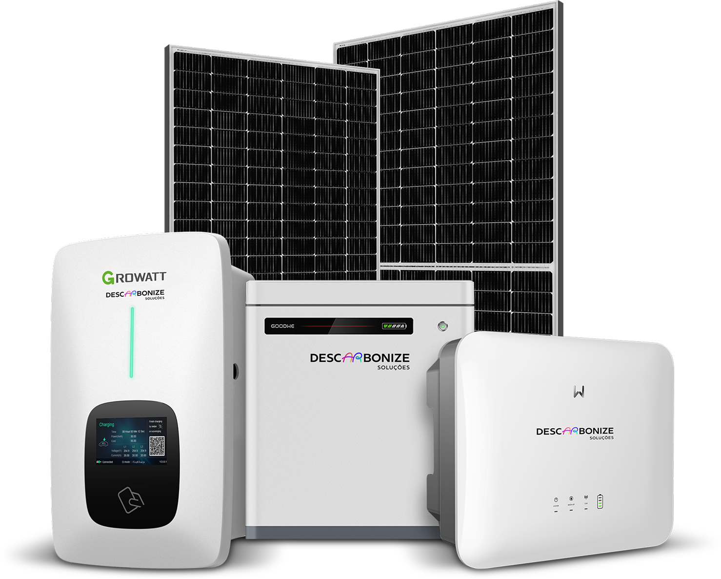 Kit premium Descarbonize com inversor Growatt, painéis solares, bateria e inversor