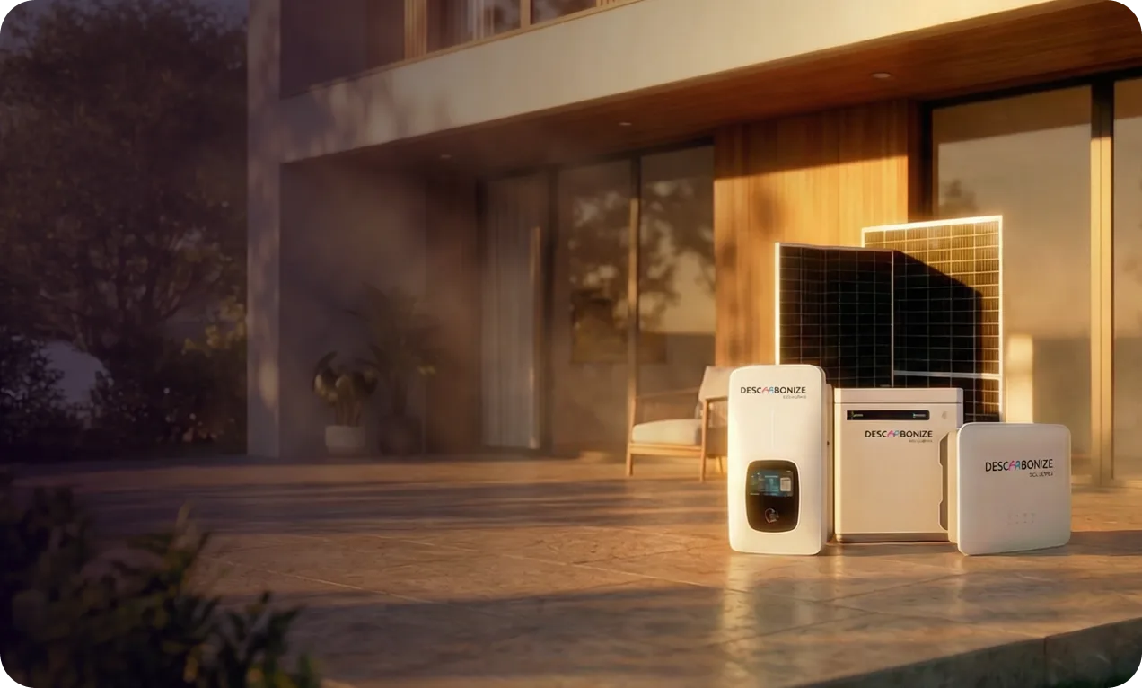 Kit de energia solar Descarbonize em frente a uma residência moderna
