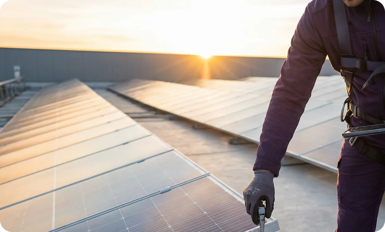 Técnico sobre telhado com painéis solares ao pôr do sol